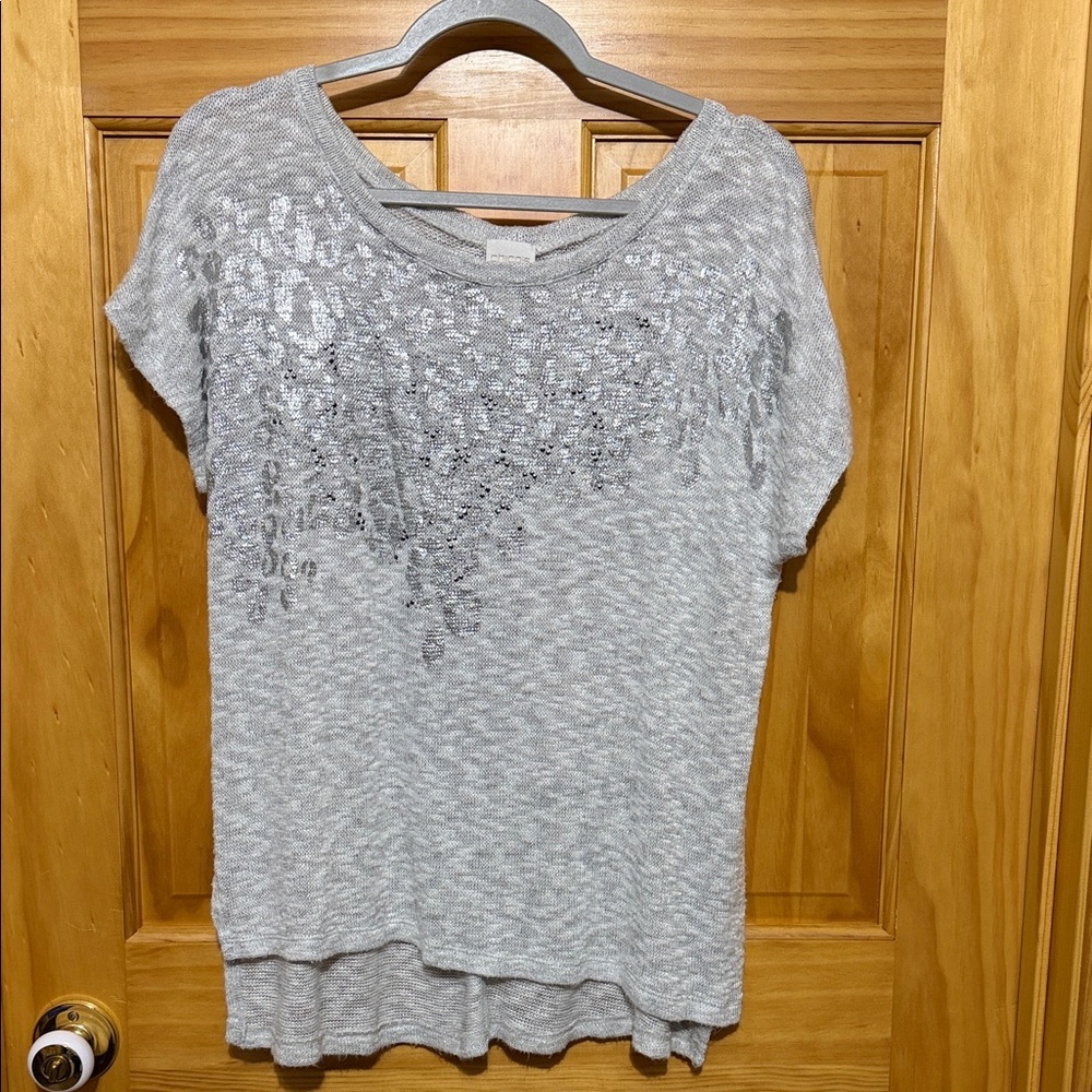 Chicos Gray Short-Sleeve Cheetah Print Knit Top, Metalic Cheetah Print Size 2/12
